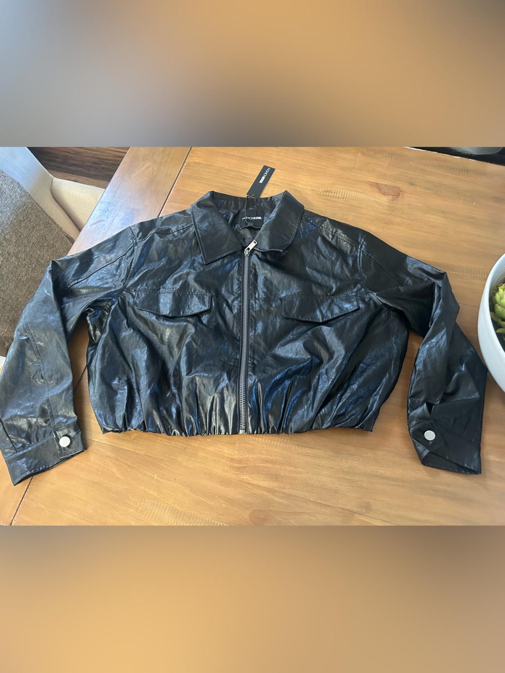 NWT Fashion Nova Cropped Black Faux Leather Zip Jacket